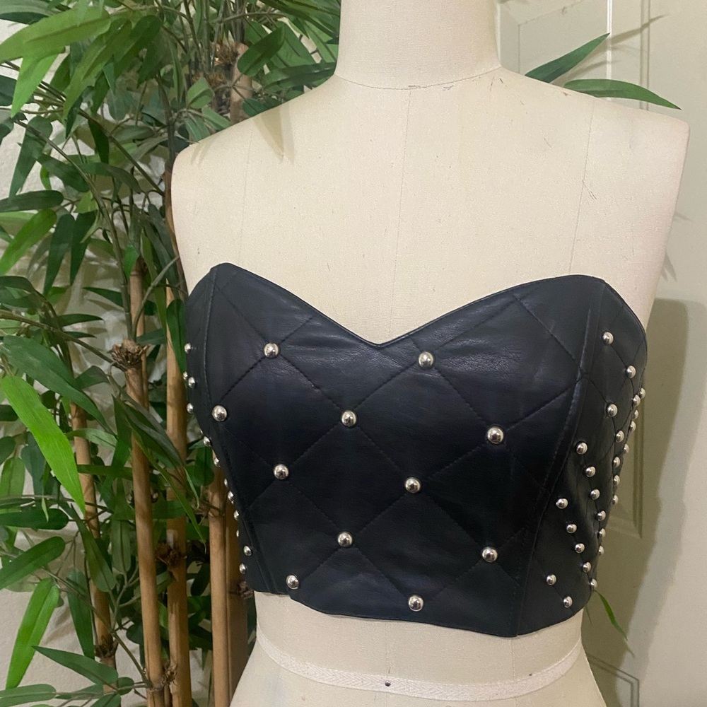 Forever 21 Black Quilted Strapless Crop Top with Pearl Details